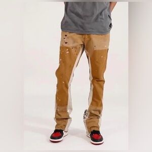 Men's Mnml B243 Brown Flare Denim Jeans with Paint Splatter Size 32 X 34